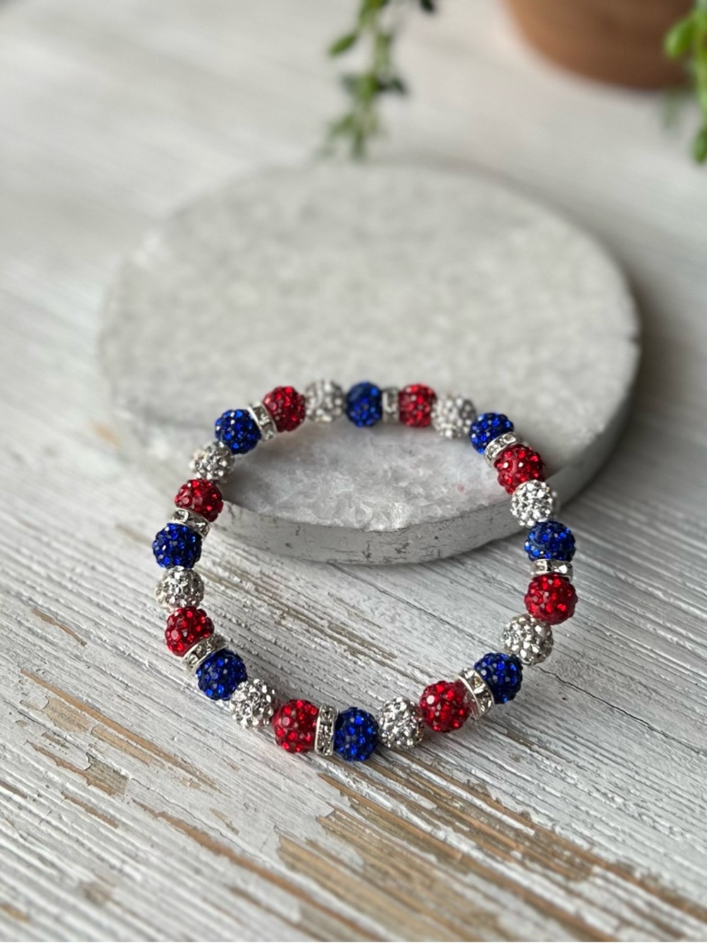 Sparkling Red, White & Blue Crystal Bead Bracelet 7 inch Patriotic Bracelet - Picture 4 of 8